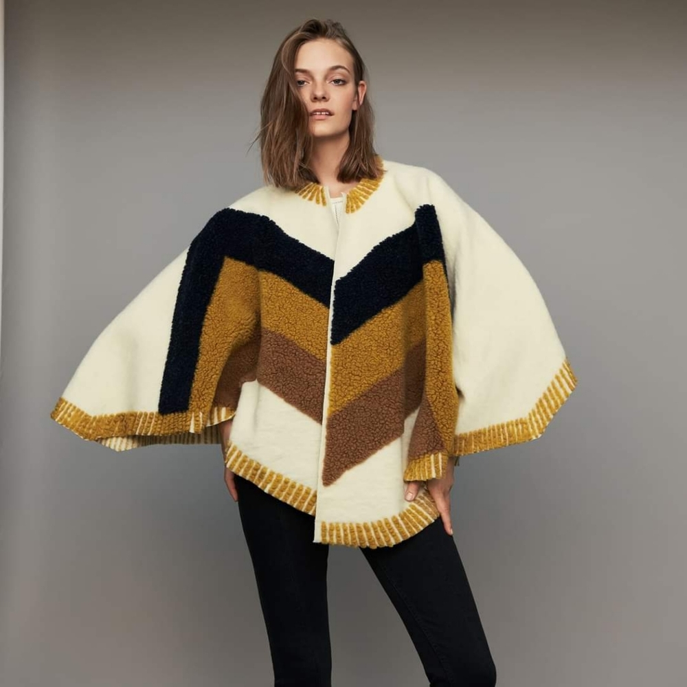 MAJE Elby Patterned Wool-blend Poncho Cape Black Gold OS - Picture 2 of 7